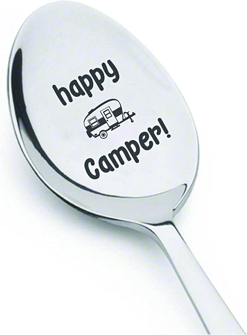 THE BASH AFFAIR Happy Camper Engraved Spoon Gift for Friend, 7 Inch Stainless Steel for Camping
