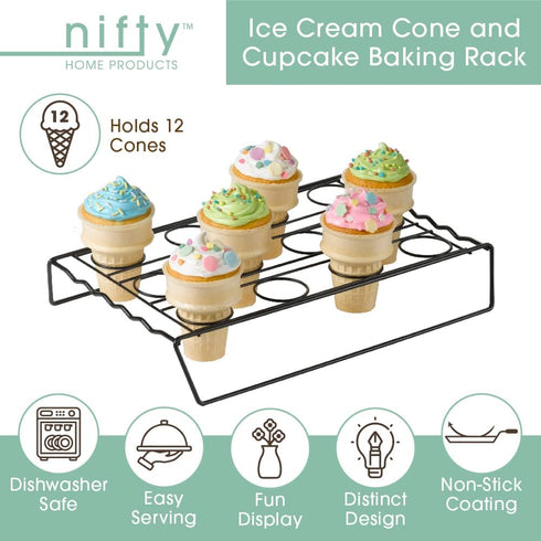 Nifty Ice Cream Cone Cupcake Baking Rack – Holds 12 Medium & Large Cupcake Cones, Non-Stick, Dishwasher Safe