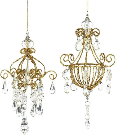 Kurt Adler Gold Glitter Chandelier Ornaments, 2 Assorted