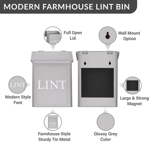 Calindiana Modern Farmhouse Metal Magnetic Lint Bin for Laundry Room Decor with Lid, Wall Mount Space Saving Trash Can,