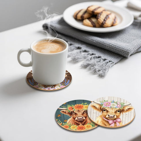 Set 9 3.9" ANATTASOUL Coasters of Highland Cow and Flowers Pattern Colorful Wooden Coasters Bulk Round Housewarming