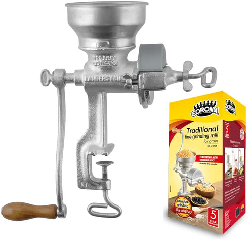 Corona Corn Grinder with Low Hopper, Manual Grain Mill for Corn, Rice, Cast Iron