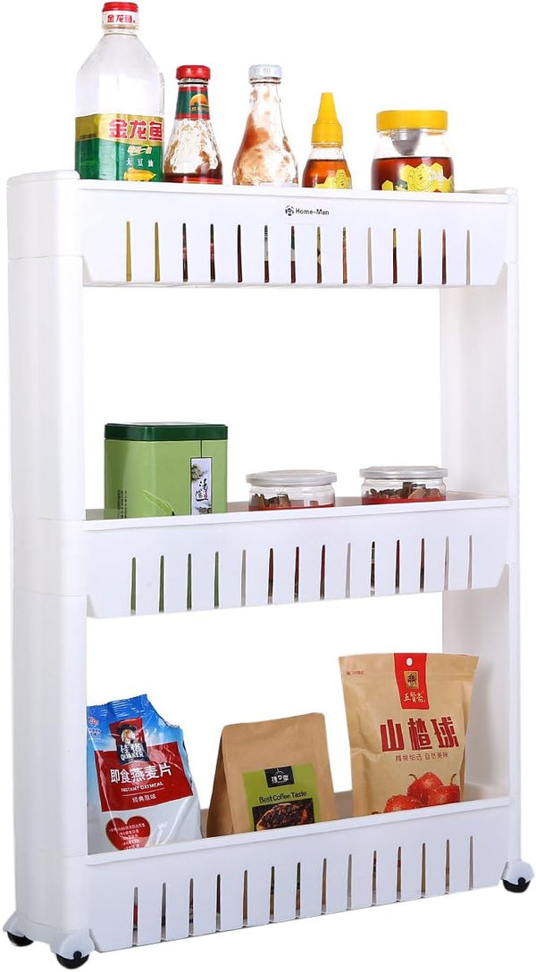 Mobile Shelving Unit Organizer for Laundry Room with 3 Large Storage Baskets, Slim Slide Out Pantry Rack for Narrow