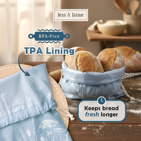 Pack 3 Reusable Bread Bags with Drawstring | XL of | Eco-Friendly Washable Linen Bread Bag & Spacious Sourdough Bread