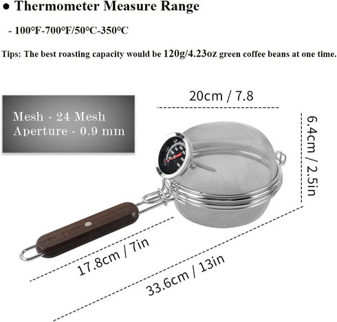 Home Coffee Bean Roaster Tool - CAFEMASY Portable Stainless Steel Roasting Pan with Thermometer for Outdoor Baking
