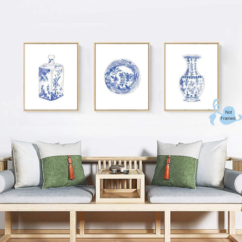 Chinoiserie Wall Art Print, Set of 6 Chinese Blue White Porcelain Vase Canvas Prints for Bedroom or Study Decor