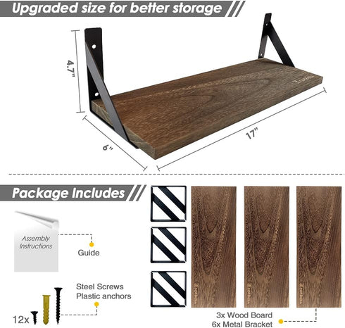 Set 3, 17 Inch Forbena Rustic Floating Book Shelves for Wall of Wood Wall Bookshelf for Bedroom, Wooden Wall Mounted