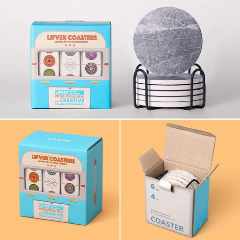 Absorbent Coasters for Drinks - LIFVER Ceramic Coasters Set of 6 with Cork Base, Grey
