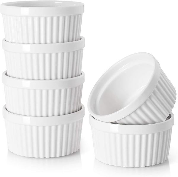 DOWAN 6 oz Ramekins - Oven Safe Ceramic Bowls for Creme Brulee Souffle, Set of 6, Classic White