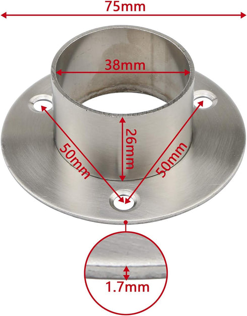 Stainless Steel Closet Rod Flange Holder for 1.5 inch (38mm) Diameter Steel Pipe, Pack of 2