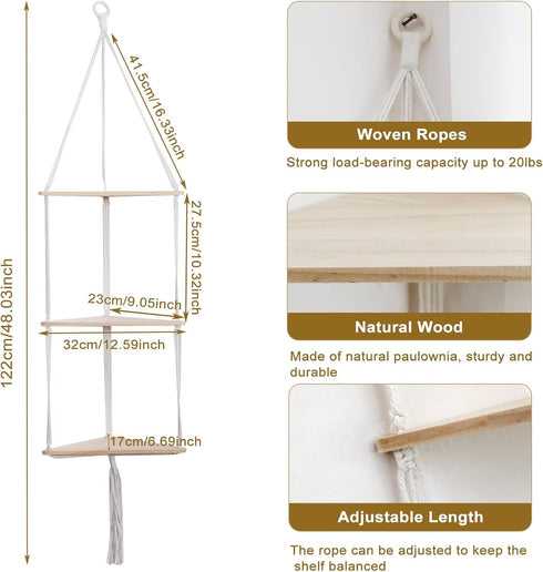 3 Artilady White Corner Floating Shelves Wall Hanging- Macrame Tier Corner Shelf Plant Wall Decor Boho Rustic Wooden