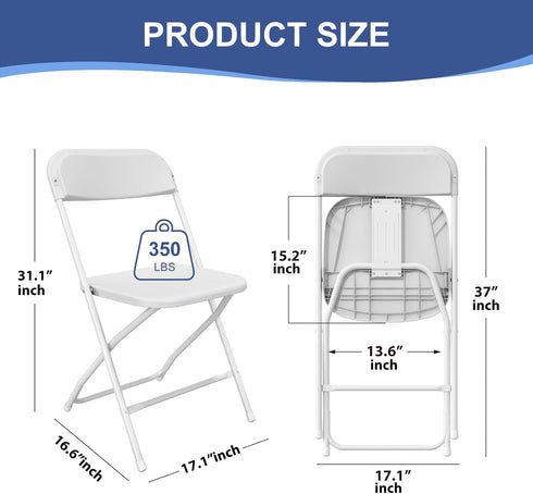 2 Pack, 350lb White Folding Chairs Plastic Folding Chairs Outdoor Indoor, Capacity, Portable Event Chair, Lightweight