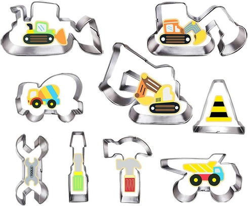 Construction Cookie Cutter Set - 9 Piece, 3 Inches, Excavator, Digger, Dump Truck, Tools for Kids Party