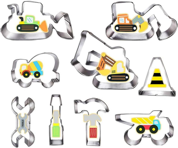 Construction Cookie Cutter Set - 9 Piece, 3 Inches, Excavator, Digger, Dump Truck, Tools for Kids Party