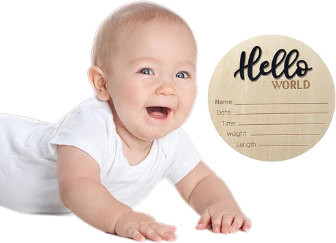 LZEDIRA 5.9 Inch Baby Announcement Sign, Wooden Hello World Newborn Sign Birth Announcement Signs, Hello World Nursery