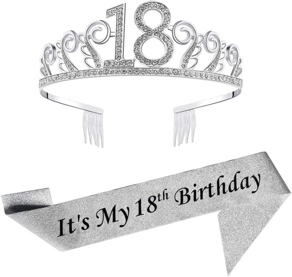 18th Silver Birthday Tiara and Sash - Glitter Satin Sash and Crystal Rhinestone Tiara Crown for Party Supplies