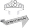 18th Silver Birthday Tiara and Sash - Glitter Satin Sash and Crystal Rhinestone Tiara Crown for Party Supplies