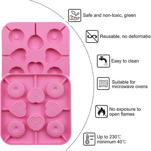 2Pcs Love Heart Lollipop Candy Molds, 8-Cavities Food Grade Silicone Molds with 40 Lollipop Sticks