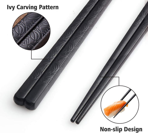 GLAMFIELDS 10-Pairs Black Flower Fiberglass Chopsticks - Reusable Sushi Chopsticks, Dishwasher Safe, 9.5 Inches