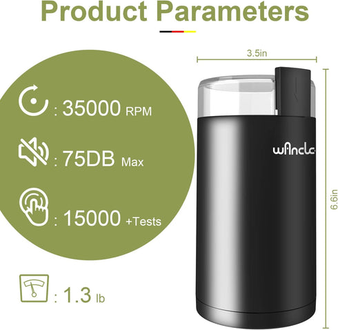 Wancle Electric Coffee Grinder, Quiet Spice Grinder, One Touch Mill for Beans, Spices, with Clean Brush Black