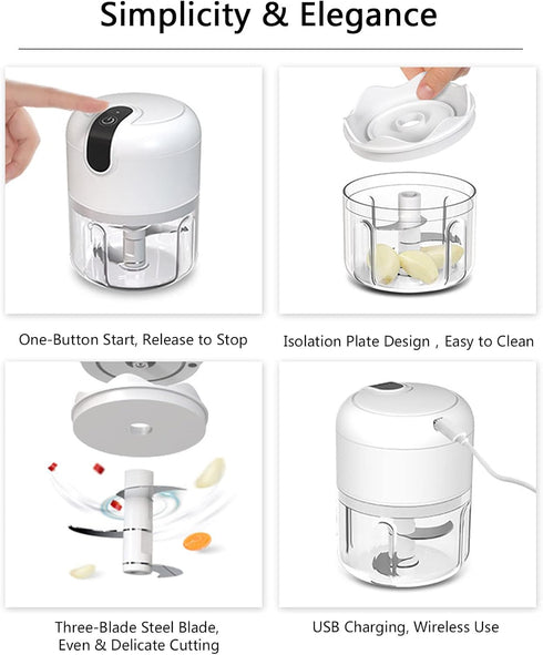 (100+250+350ML) White 3 CUP Cordless Mini Food Chopper, Small Food Processor for Garlic, Nut, Meat