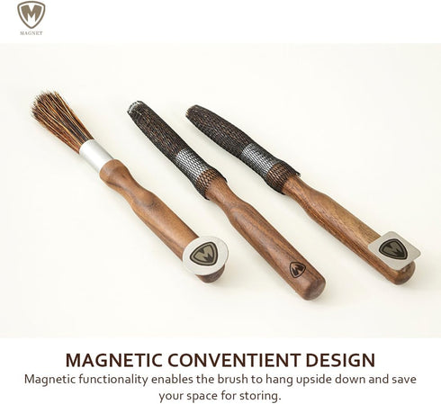 MAGNET Professional Coffee Grinder Cleaning Brush, Natural Bristle with Magnetic Snap, Walnut Handle