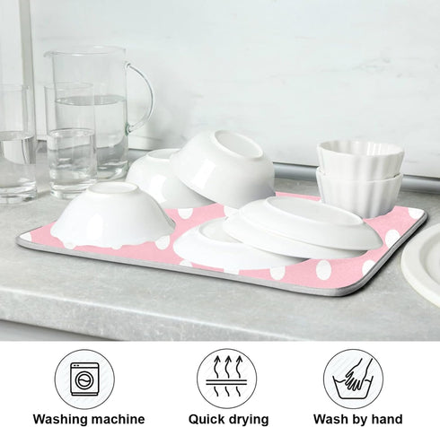 Pink White Polka Dot Dish Drying Mat for Kitchen Counter, 18 x 24 Inch Absorbent Microfiber Drainer Mat