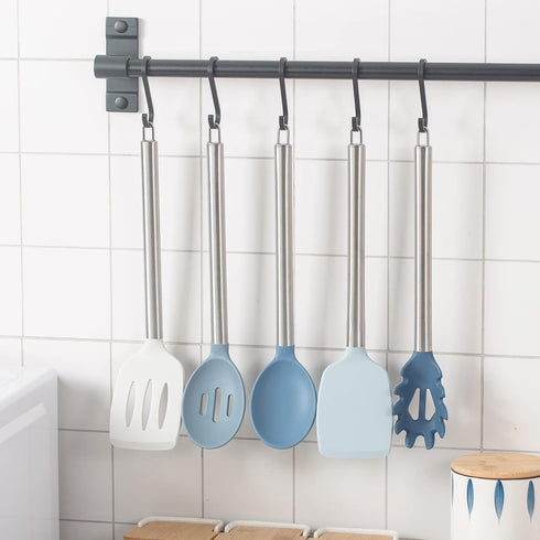 COOK WITH COLOR Silicone Cooking Utensils - 5 Pc Kitchen Utensil Set for Nonstick Cookware (Blue and White)