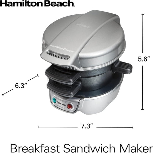 Hamilton Beach Breakfast Sandwich Maker with Egg Cooker Ring, Perfect for English Muffins, Croissants, Silver (25475)