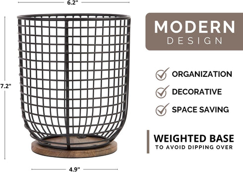 MosJos Extra Large Black Utensil Holder 7.2 x 6.2 with Wooden Base - Farmhouse Kitchen Countertop Organizer for Cooking
