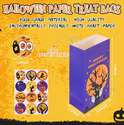 Halloween Treat Bags, 24pcs Paper Treat Bags with Stickers, Perfect for Party Favors and Halloween Gifts