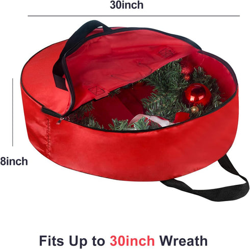 TQS Large Christmas Wreath Storage Bag - 30 Inch, Red Cotton, Zipper Closure, Reinforced Handles, Ideal for Decorations