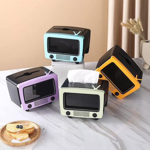 LSLANSOON Tissue Box Holder with Cell Phone Slot, Retro TV Shaped Tissue Case and Cellphone Holder Cellphone Stand