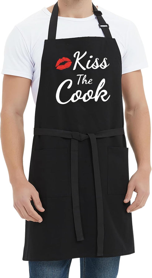 Funny Aprons for Women Men - Kiss the Cook Apron, Funny Chef Cooking BBQ Grill Aprons with 2 Pockets, Gift for Mom, Dad