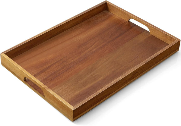 GCWSTJK 17 Inch Acacia Wood Serving Tray with Handles, Large Wooden Tray for