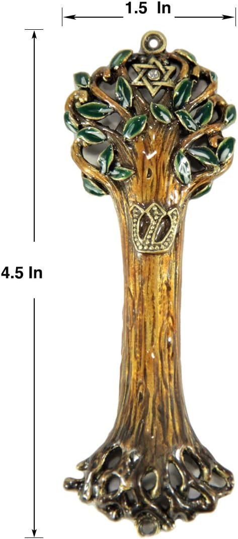 Mezuzah Case Cover with Tree of Life Artwork, Wooden Texture Design, 4" Brass Crafted for Jewish Homes, Rainbow Color