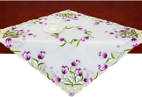 Simhomsen Embroidered Tulip Square Tablecloth, Spring Floral Toppers, Tablecovers for End Table,