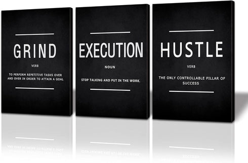 BWSPACE Grind Hustle Execution Wall Art, Motivational Wall Decor, Office Pictures Posters, 3 Pieces Framed Canvas Prints
