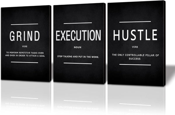 BWSPACE Grind Hustle Execution Wall Art, Motivational Wall Decor, Office Pictures Posters, 3 Pieces Framed Canvas Prints