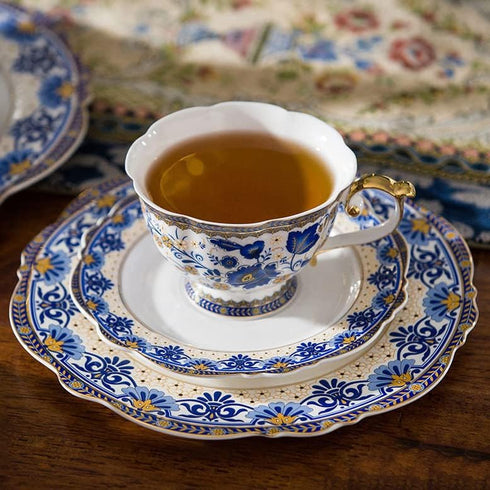 ACMLIFE 6.8 oz Set, Bone China Tea Cups and Saucers, Tea Cup and Saucer with Gold Trim and Gift Box, Blue and White