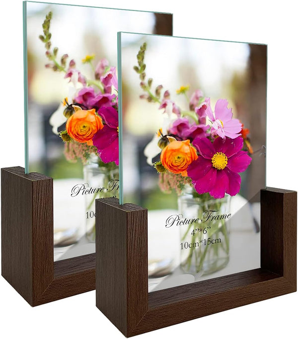 RLAVBL 4x6 Picture Frame Set of 2, Rustic Double Sided Tempered Glass Photo Frames with Wooden Base for Display