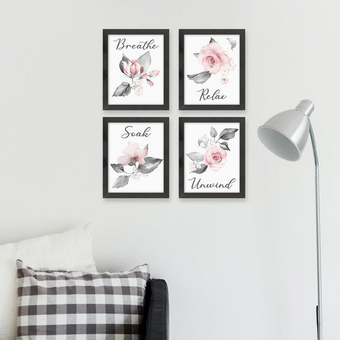 heilkee Pink Flower Wall Art Bathroom Decor, Set of 4 Grey Wall Pictures, Relax Soak Unwind Breathe Signs