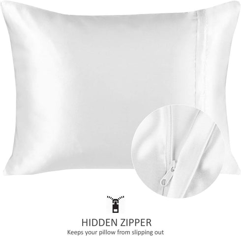 Satin Pillowcase with Zipper for Hair and Skin Care, Soft and Cool Like Silk, White, 2 Pack