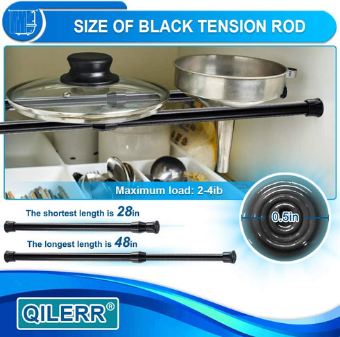 Tension Rods 28 to 48 Inches 6 Pack Adjustable Extension Black Spring Loaded Curtain Rod for Windows