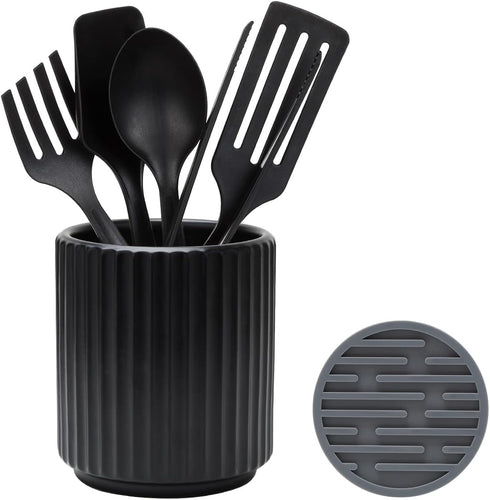 Small Ceramic Utensil Holder for Kitchen Counter (H5.51” x W4.92”), Includes Silicone Drying Mat (Black)