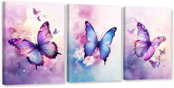 ARTZGX 3 Piece Purple Butterfly Canvas Wall Art Butterfly Pictures Wall Decor