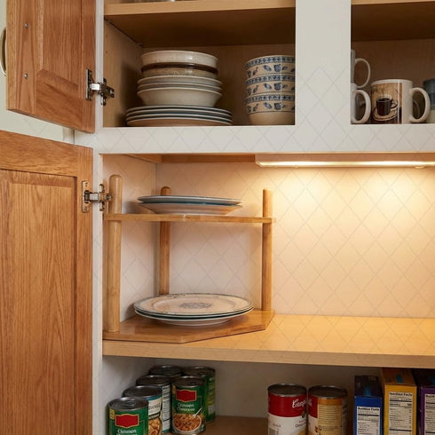 2Pcs 2-Tier Counter Expandable Bamboo Corner Shelf - Dish/Plate Organizer for Cabinet, Kitchen Shelf & Small Kitchen