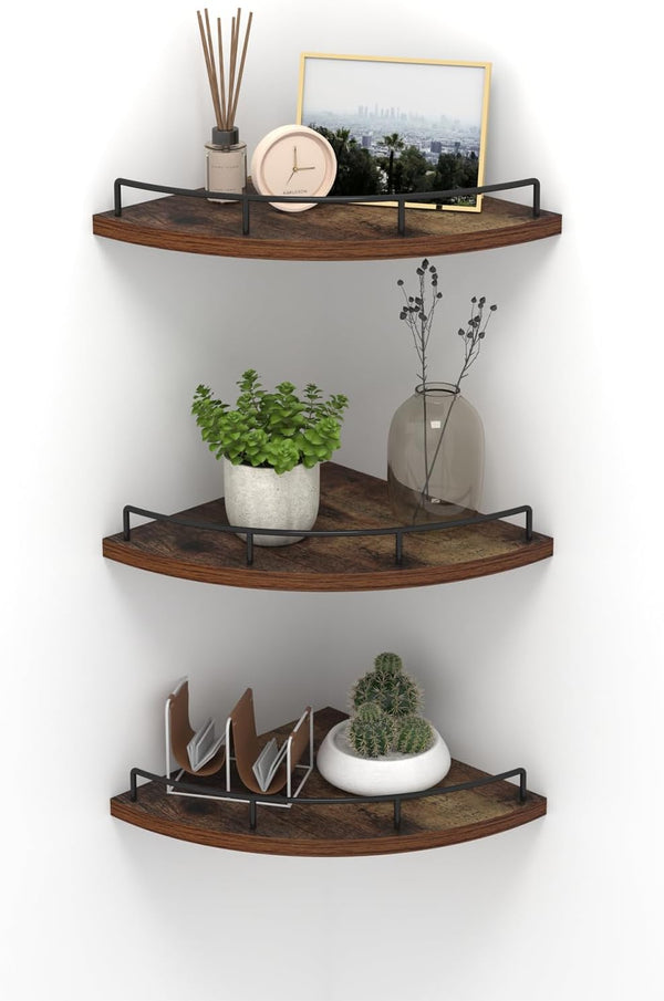 HORLIMER Floating Corner Shelf Wall Mount, Set of 3 Rustic Wood Corner