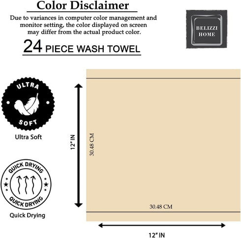 Belizzi Home 24 12x12 inch, Ultra Soft Cotton Washcloths, Contains Piece Face Cloths Ideal for Everyday use Face