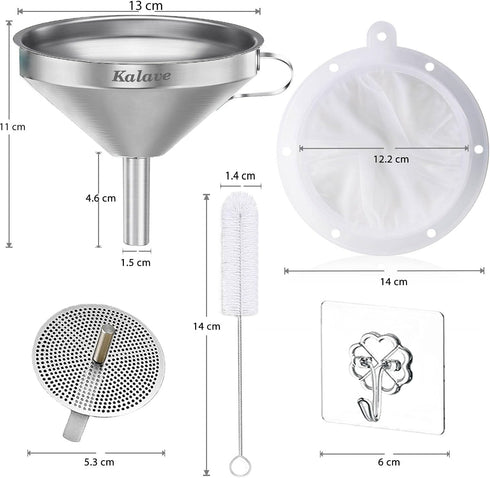 KALAVE Premium Stainless Steel Funnel, 5 Inch Food Grade Kitchen Funnel with 200 Mesh Food Filter Strainer